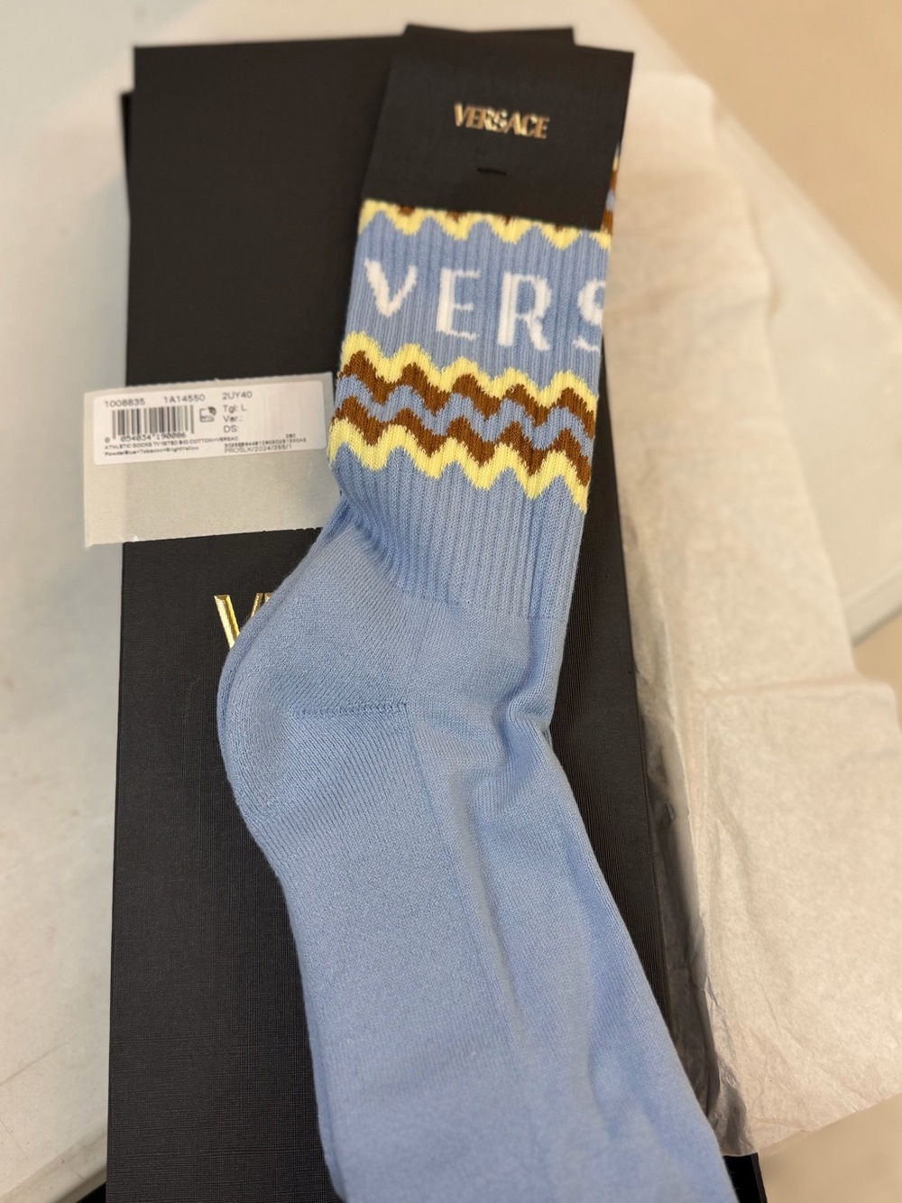 Versace Light Blue Crew Socks with Yellow and Brown Zigzag